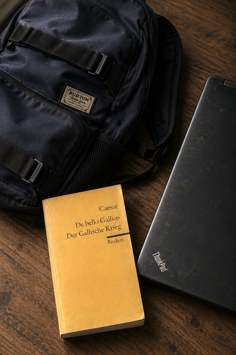 Rucksack, Latein-Reclam und Laptop – vom analogen Unterricht zur eigenen Lernplattform.
